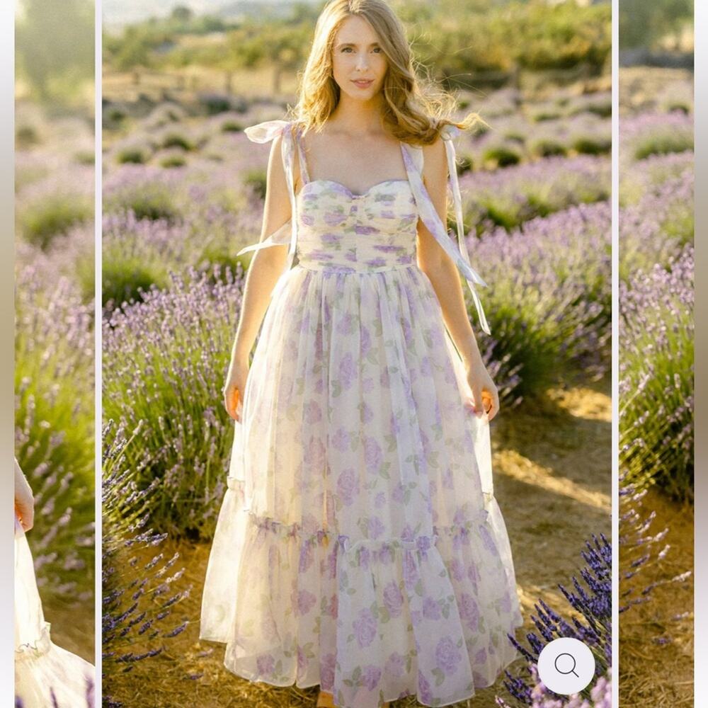 morning lavender debra purple & white floral sweetheart bow detil maxi dress - Picture 16 of 16